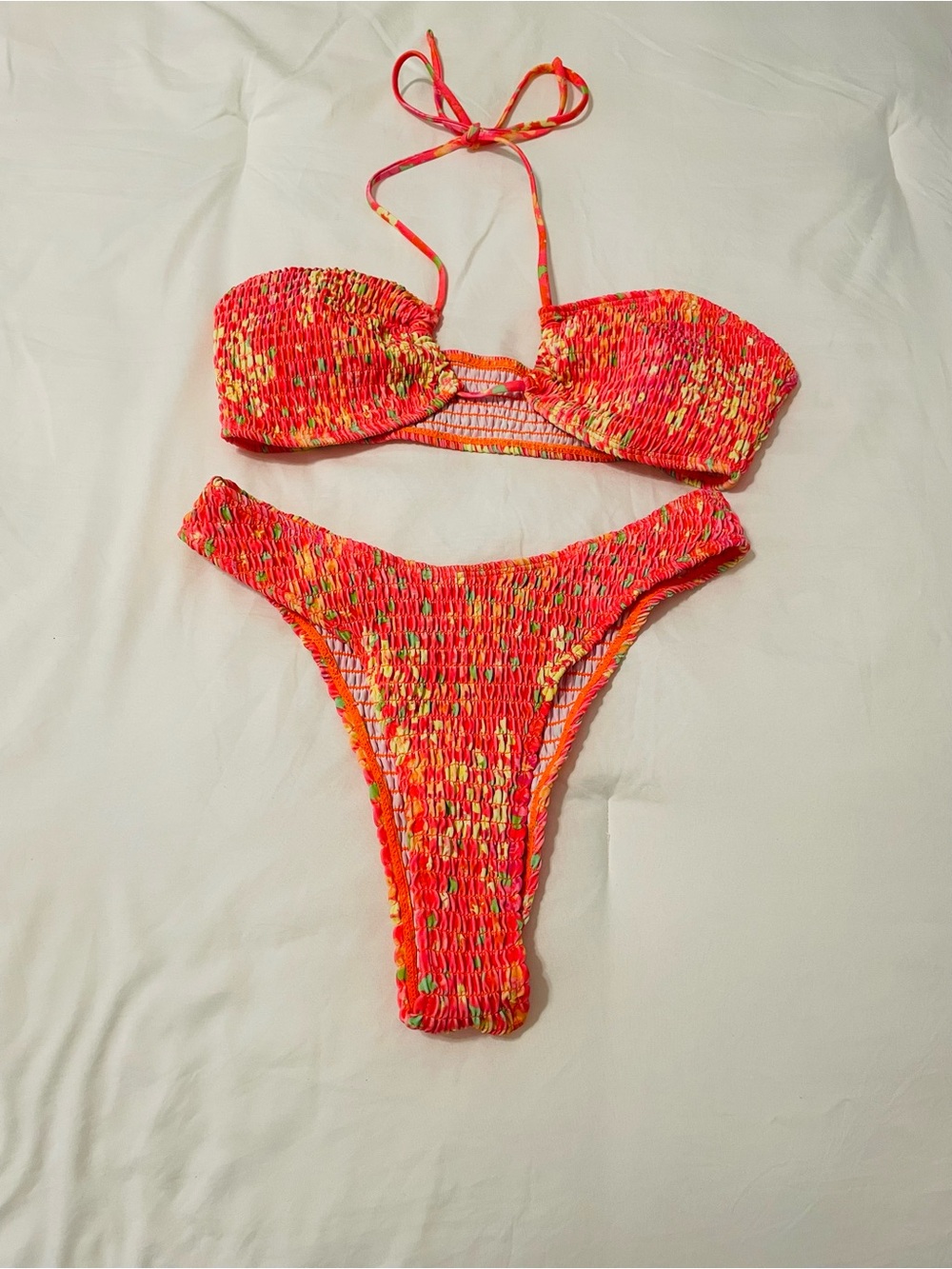 Smocked Neon Orange Pink Two-Piece Bikini